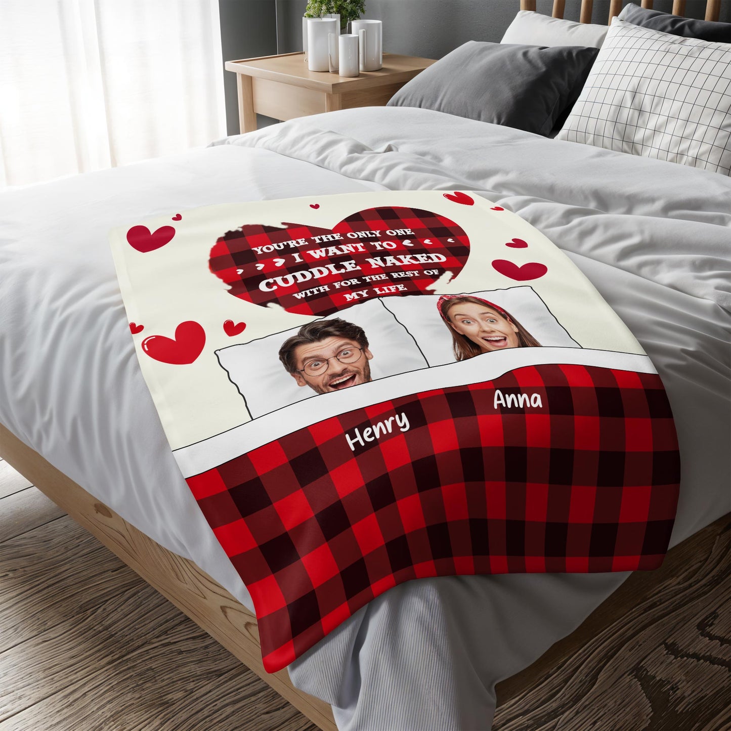 Cuddling Naked Forever Romantic Quote With Hearts And Plaid Design