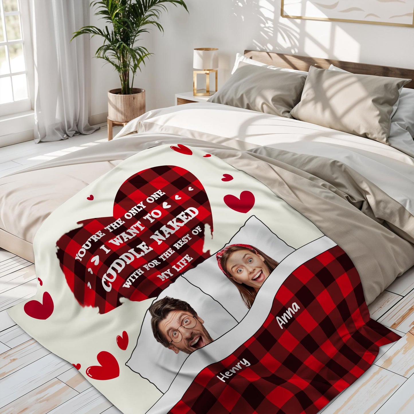Cuddling Naked Forever Romantic Quote With Hearts And Plaid Design