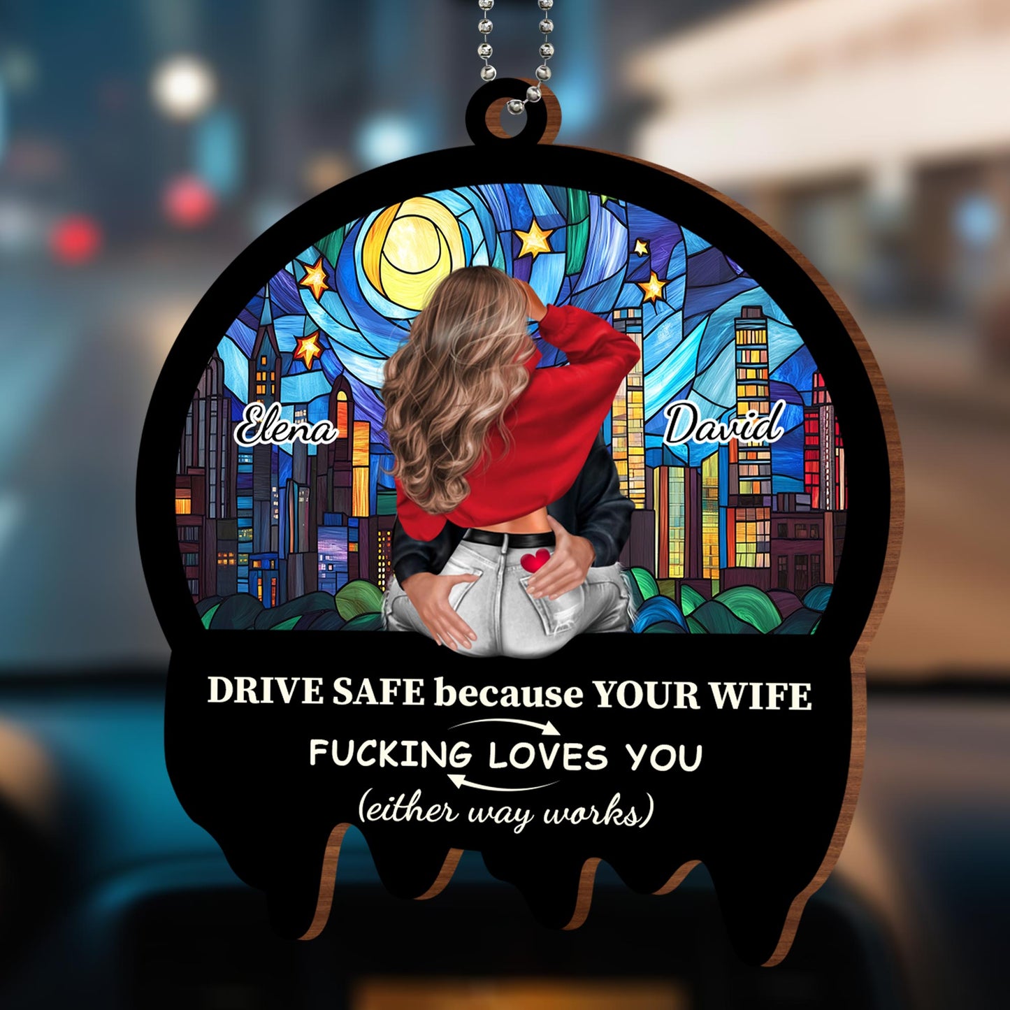 Drive Safe Cityscape Ornament With Stained Glass Style And Heart