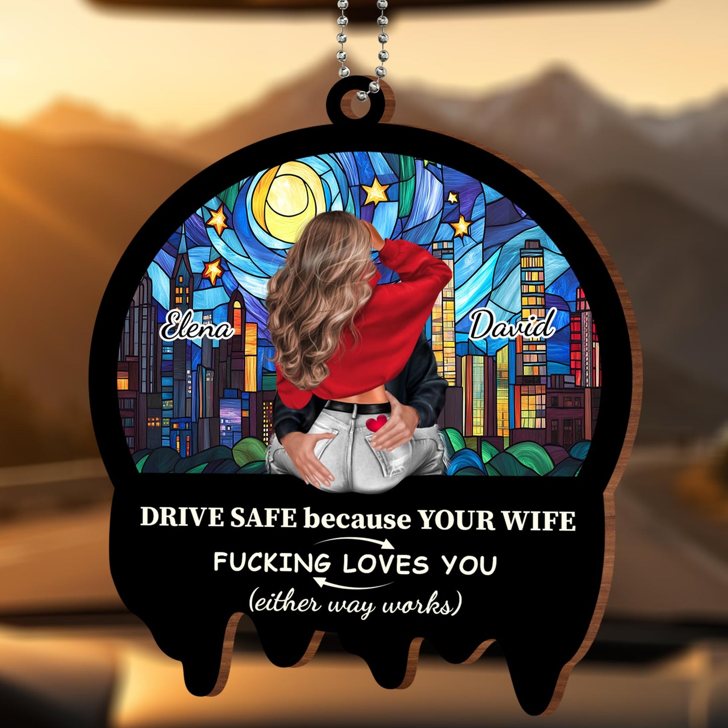 Drive Safe Cityscape Ornament With Stained Glass Style And Heart