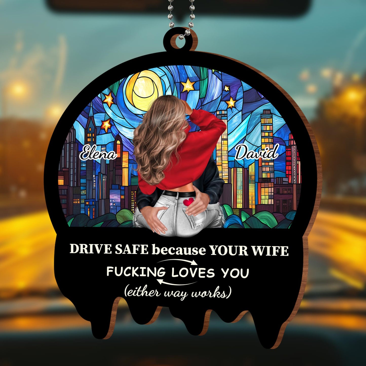 Drive Safe Cityscape Ornament With Stained Glass Style And Heart