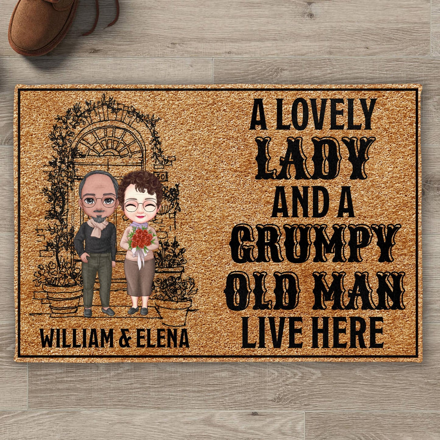 Lovely Lady And Grumpy Old Man Cartoon Couple Doormat