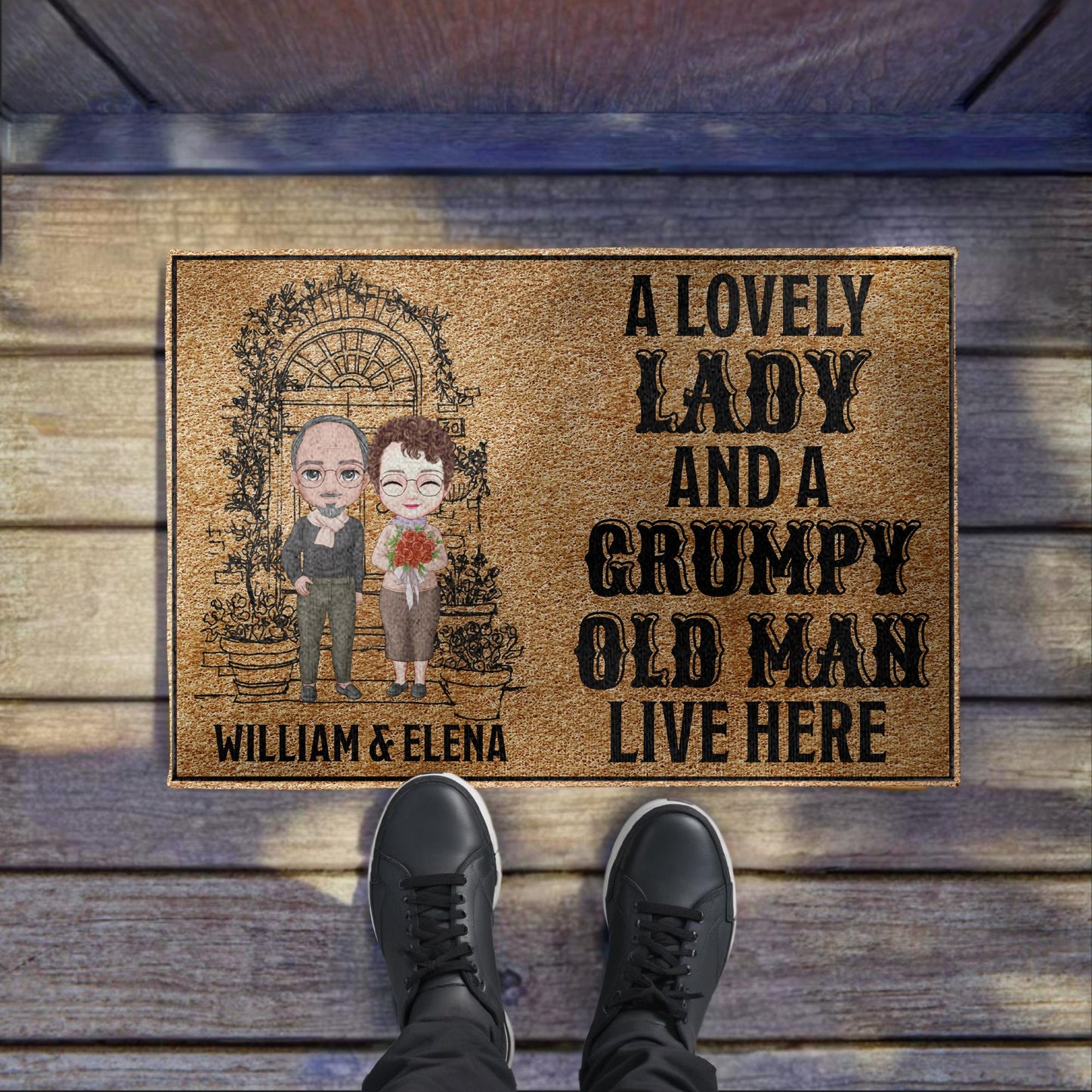 Lovely Lady And Grumpy Old Man Cartoon Couple Doormat