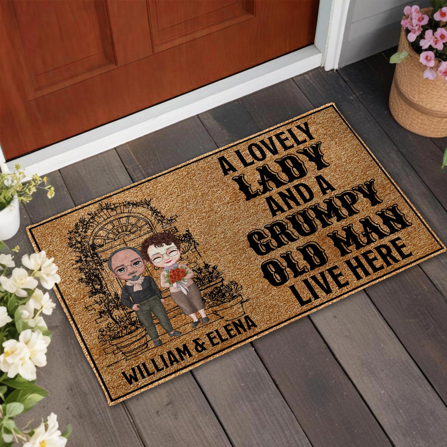 Lovely Lady And Grumpy Old Man Cartoon Couple Doormat