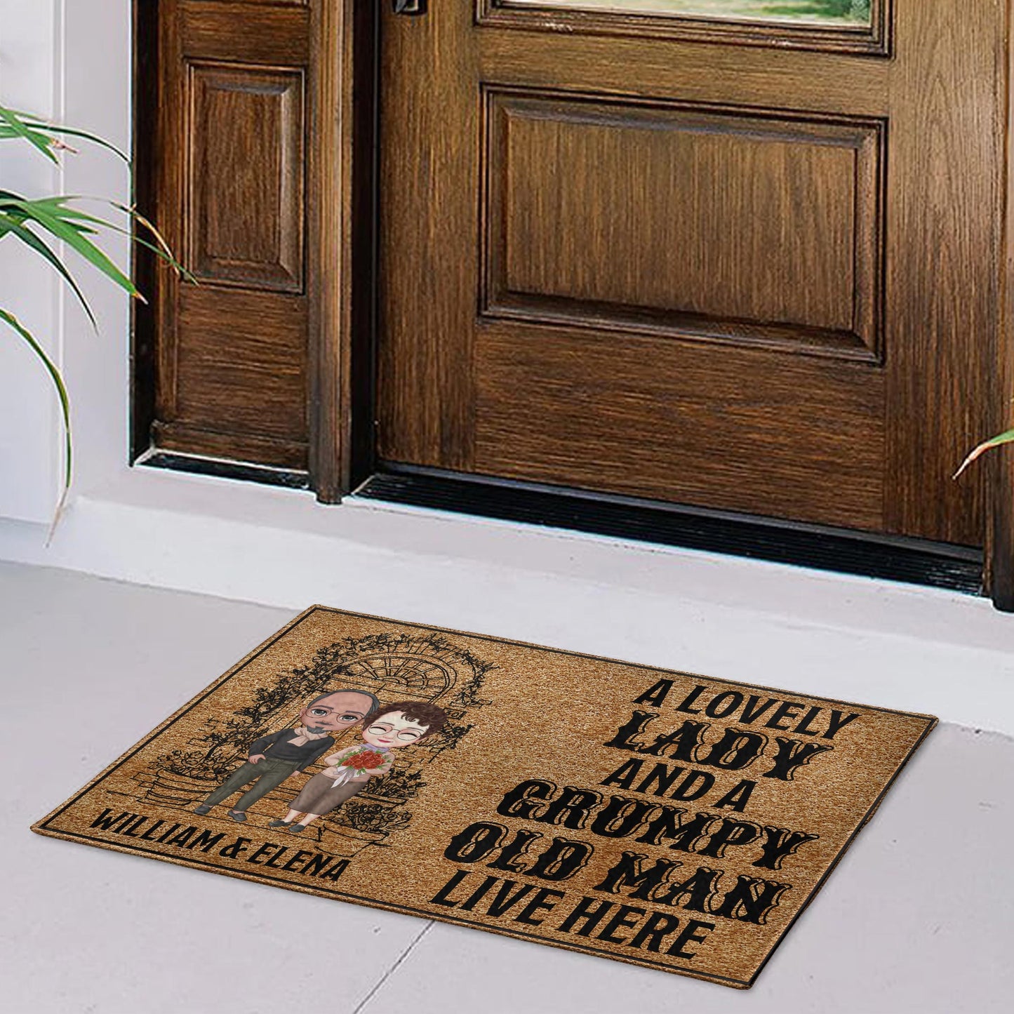 Lovely Lady And Grumpy Old Man Cartoon Couple Doormat