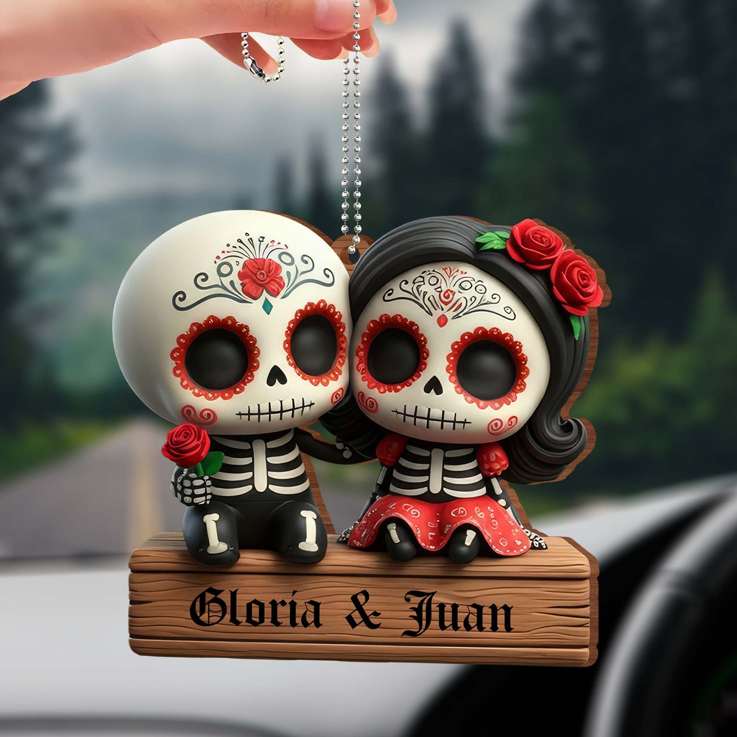 Ornement Calaveras « Forever United in Love and Tradition » - Ornement en bois personnalisé, ornement à suspendre pour voiture - CPL308_WCA