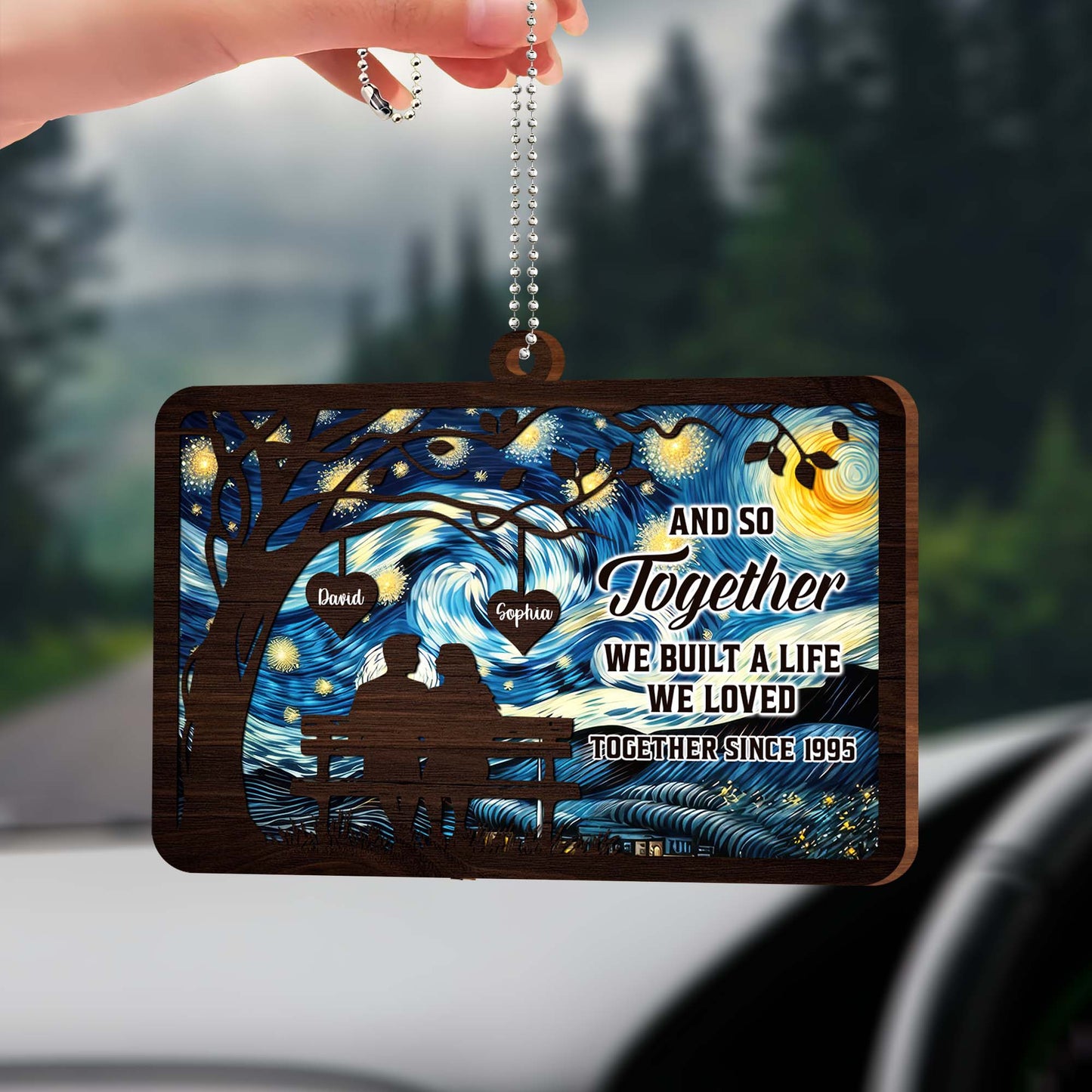 Night Sky And Tree Couple Silhouette Wood Ornament
