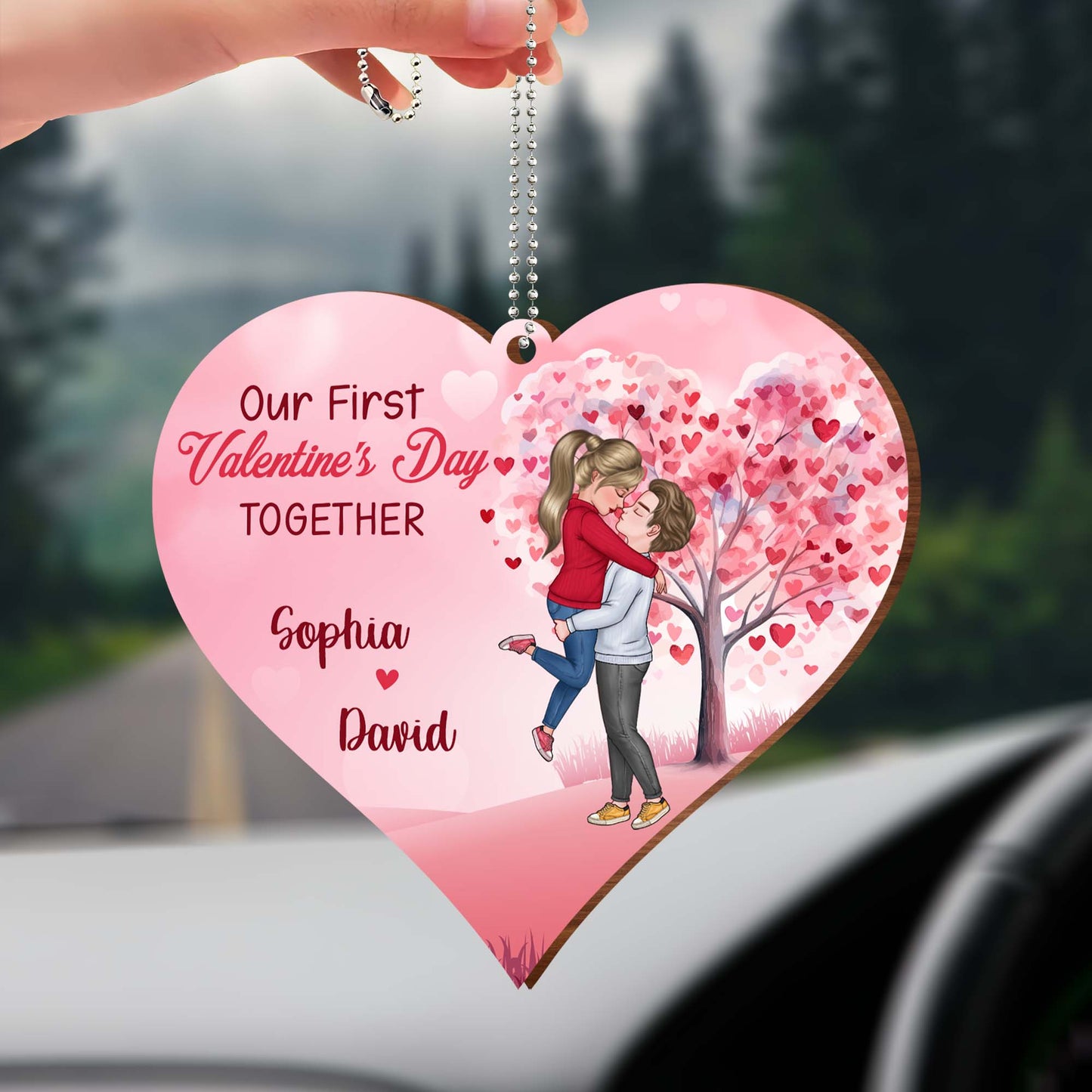 Notre première Saint-Valentin ensemble, magnifique décoration en forme de cœur - Décoration en bois personnalisée, décoration à suspendre pour voiture - CPL337_WCA
