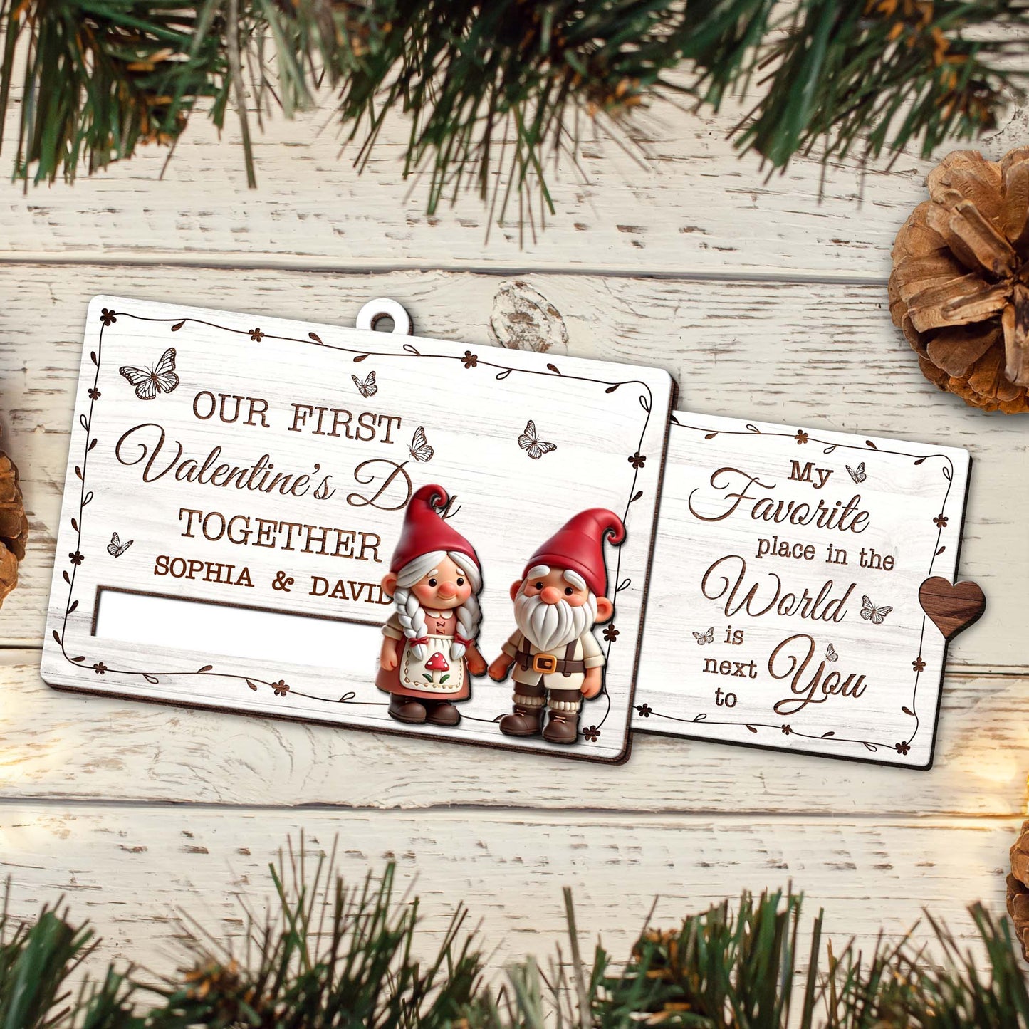 Gnomes Valentine's Day Wooden Slider Ornament for Couples