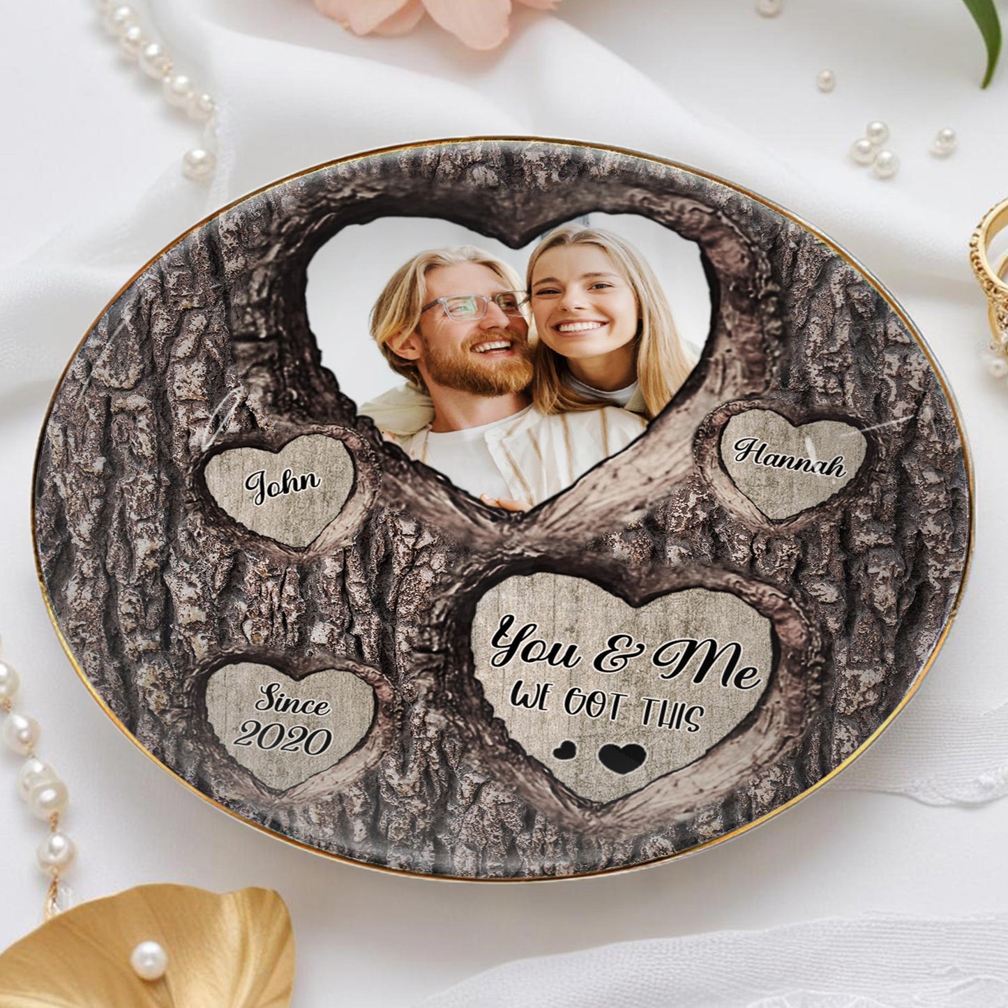 You & Me We Got This Heart Tree Bark Photo Dish