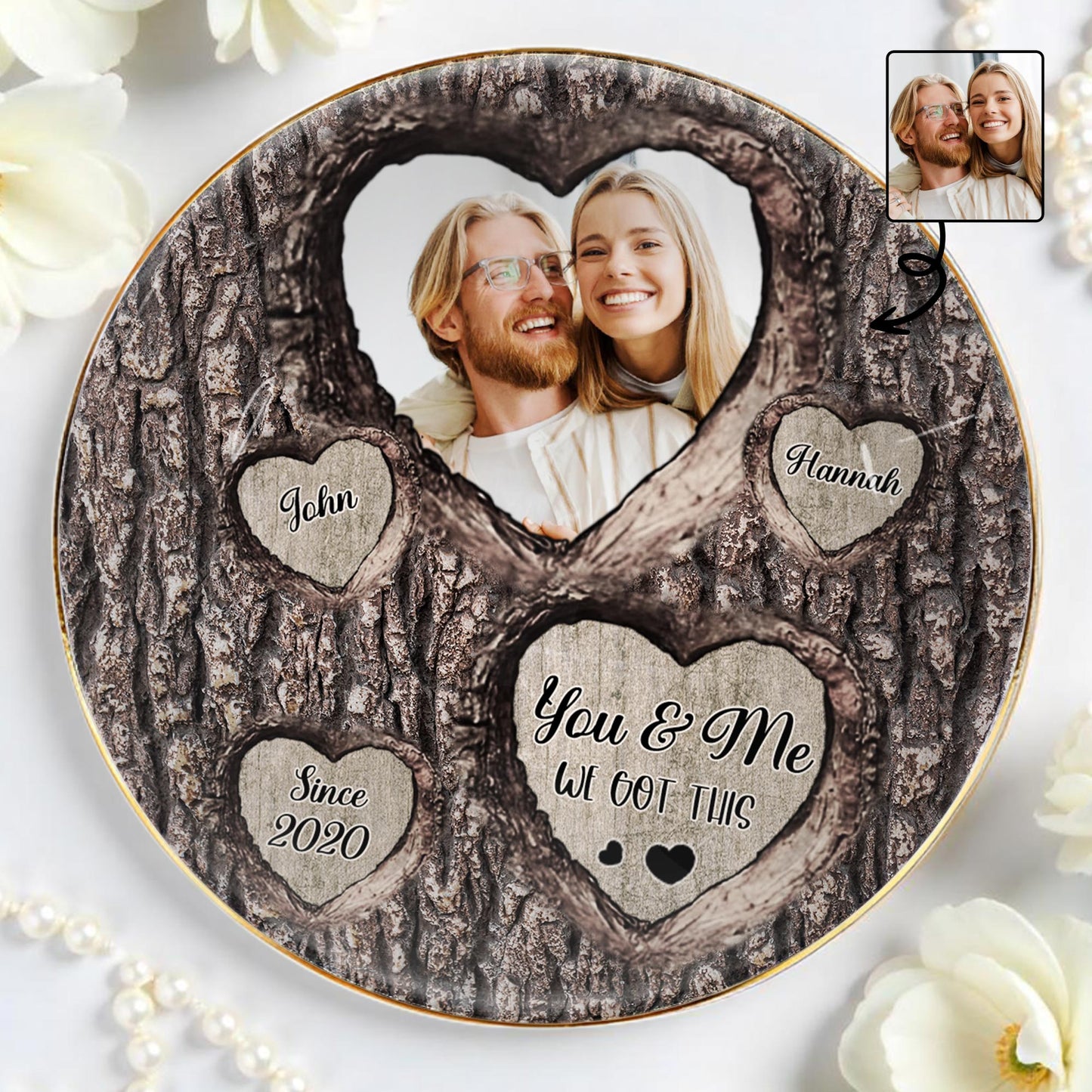 You & Me We Got This Heart Tree Bark Photo Dish