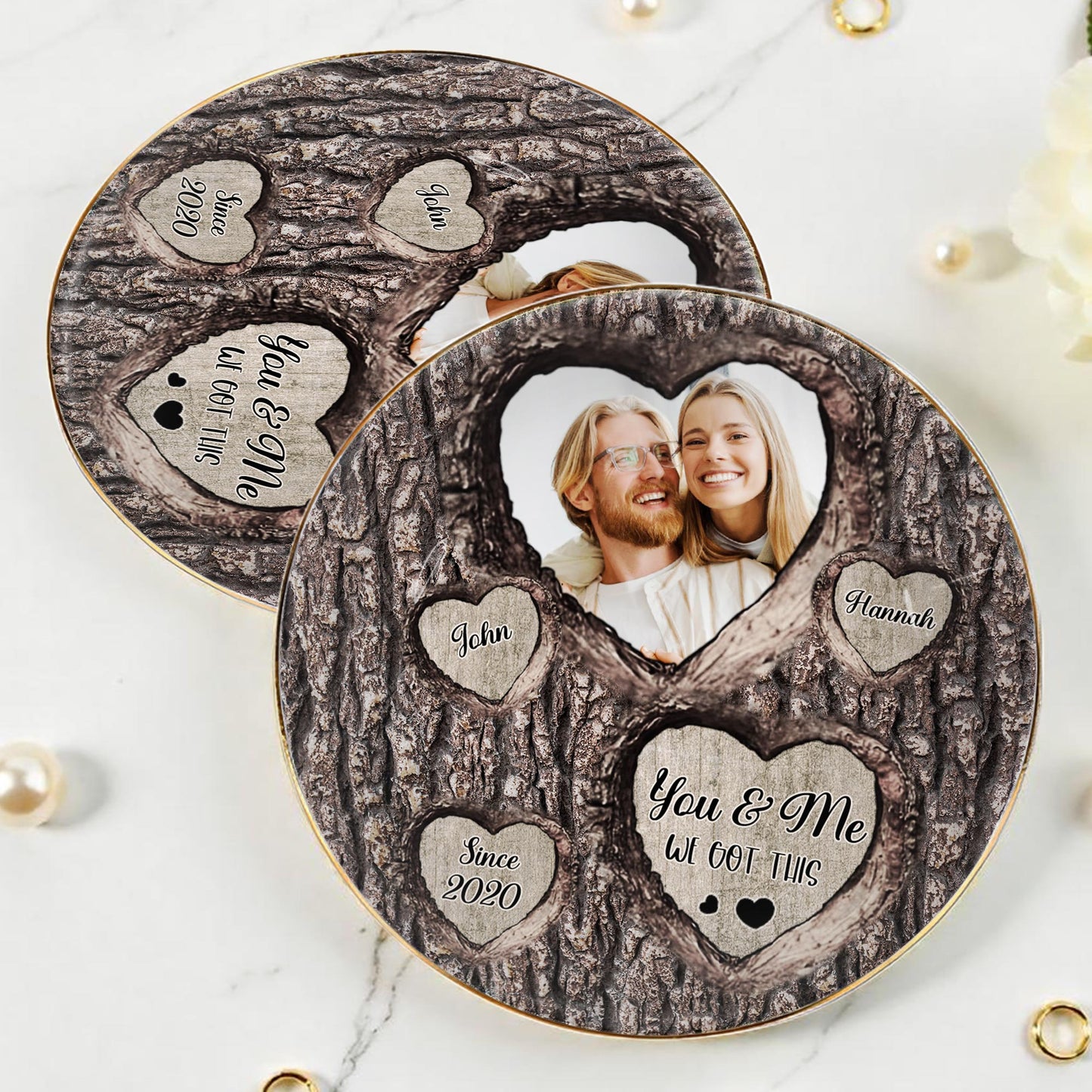 You & Me We Got This Heart Tree Bark Photo Dish