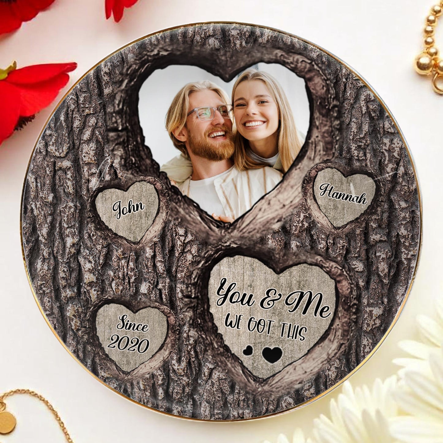 You & Me We Got This Heart Tree Bark Photo Dish