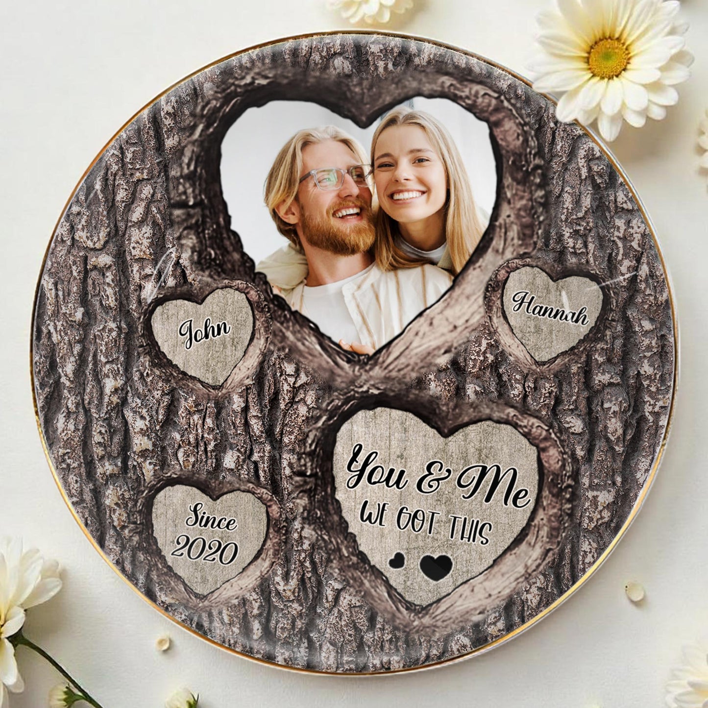 You & Me We Got This Heart Tree Bark Photo Dish