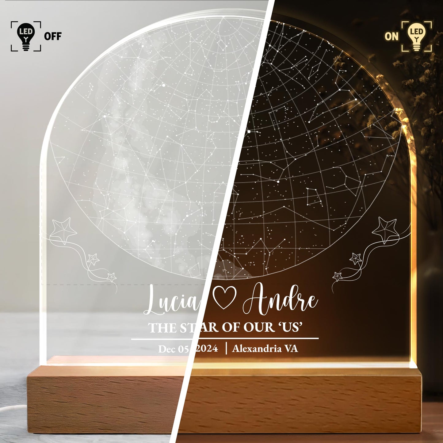 The Star Of Our 'Us', Constellation Map and Heart - Personalized LED Night Light With Wooden Base - CPL369_LEWO