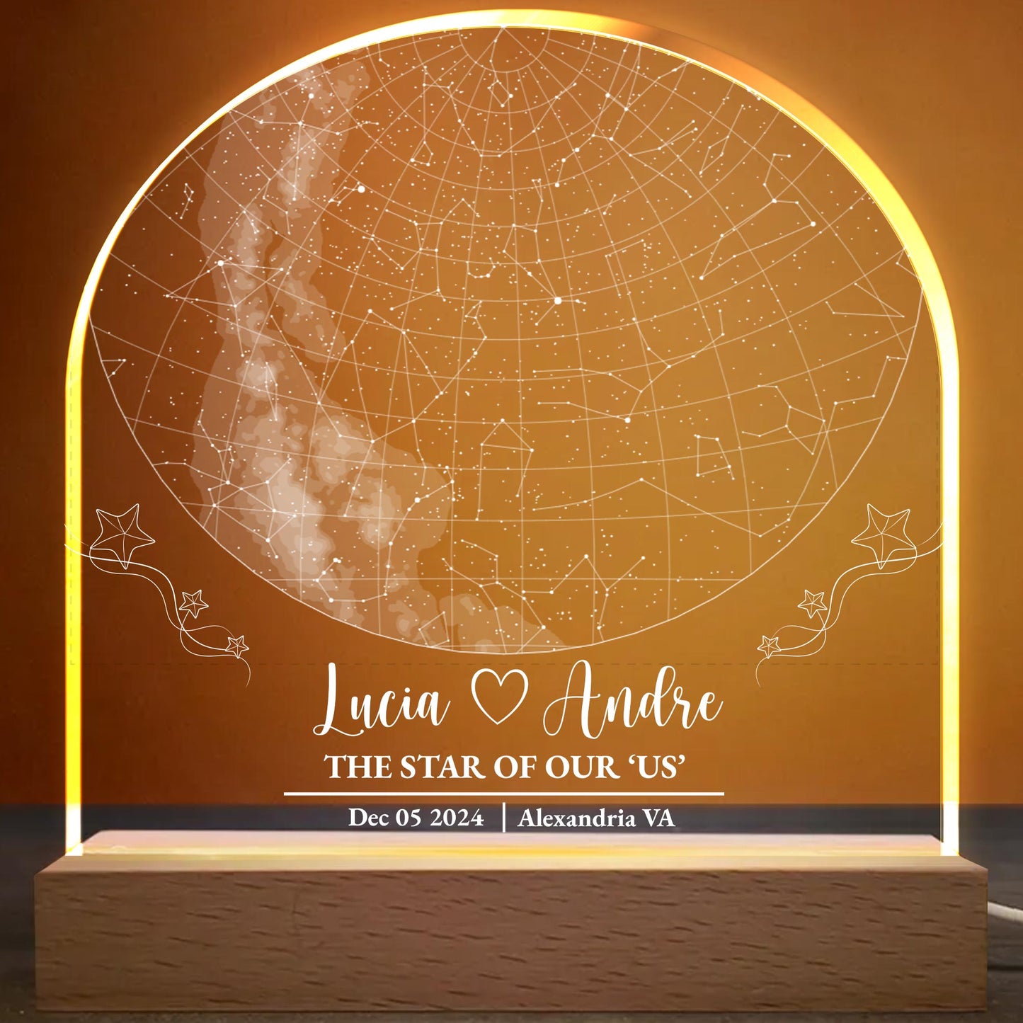 The Star Of Our 'Us', Constellation Map and Heart - Personalized LED Night Light With Wooden Base - CPL369_LEWO