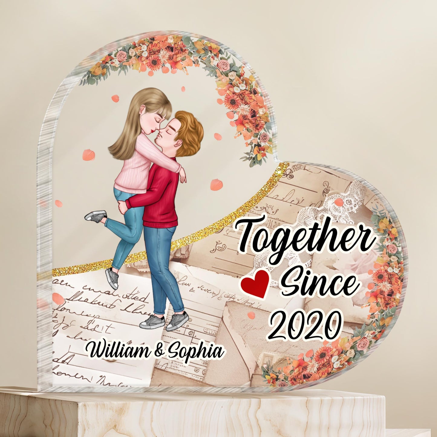 Together Since Year, Couple Embrace With Floral Design