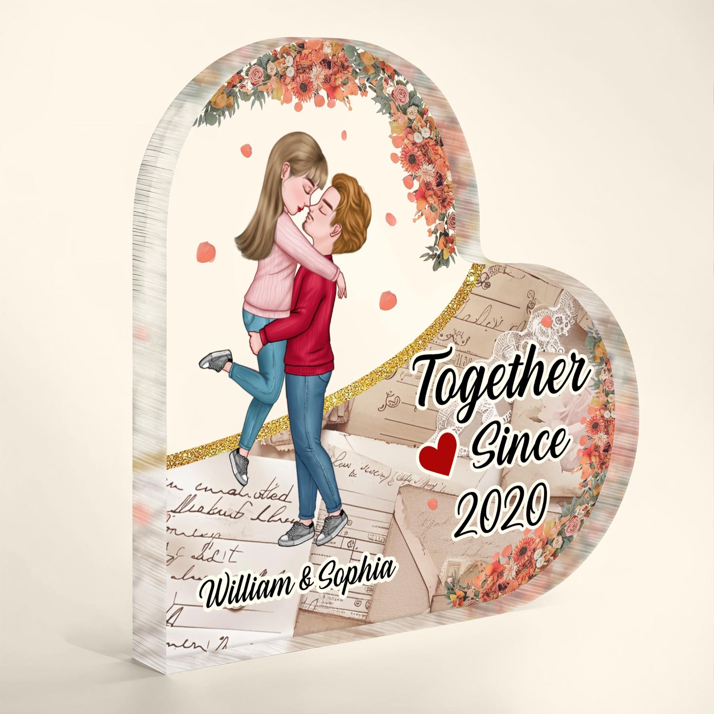 Together Since Year, Couple Embrace With Floral Design