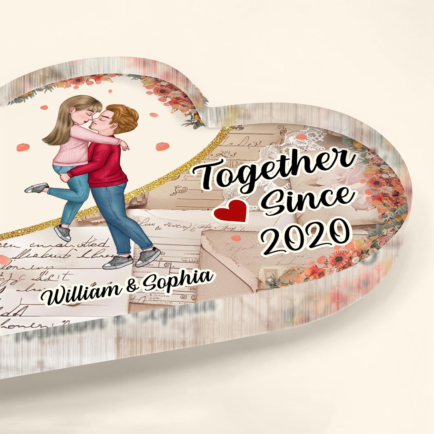 Together Since Year, Couple Embrace With Floral Design