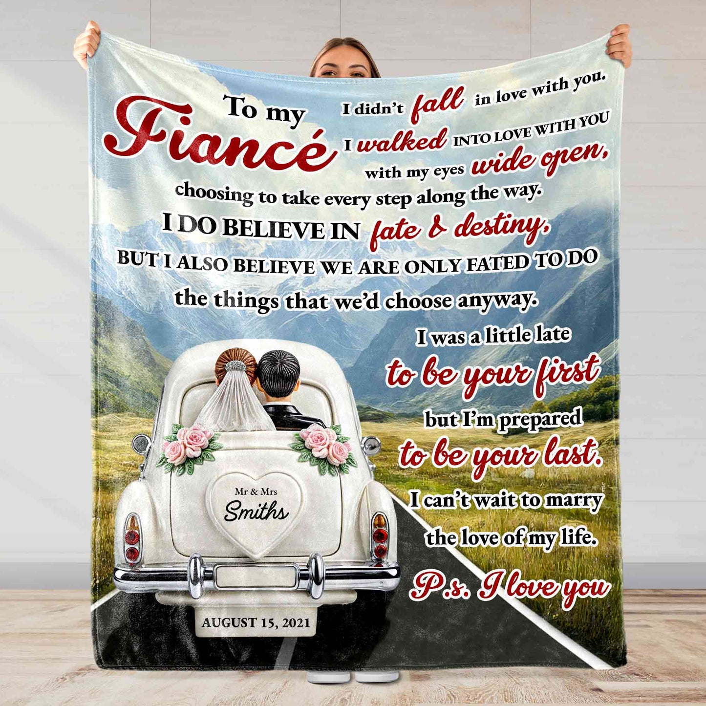 To My Fiancé With Vintage Car Design - Personalized Custom Blanket - CPL374_BLK