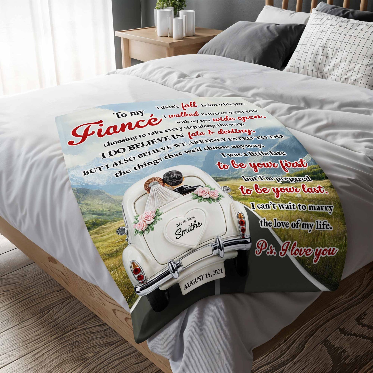 To My Fiancé With Vintage Car Design - Personalized Custom Blanket - CPL374_BLK
