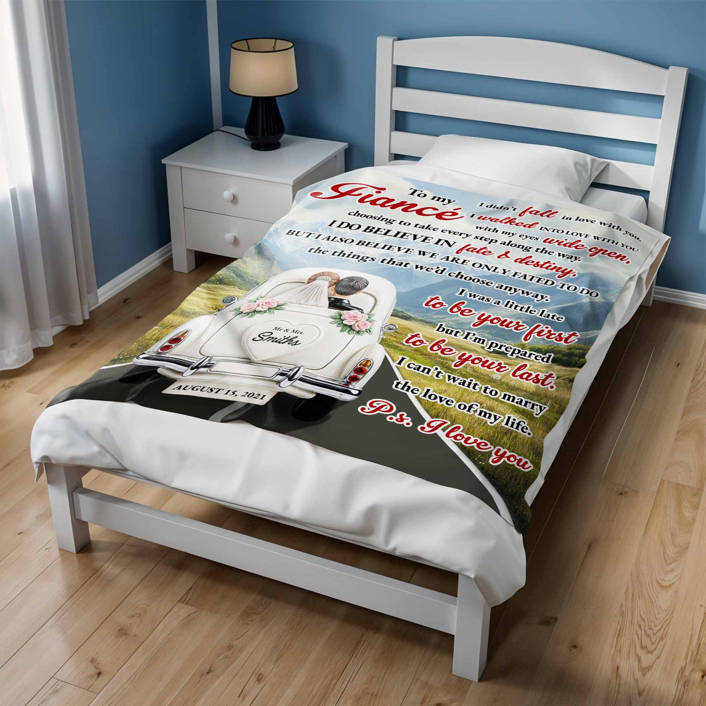 To My Fiancé With Vintage Car Design - Personalized Custom Blanket - CPL374_BLK