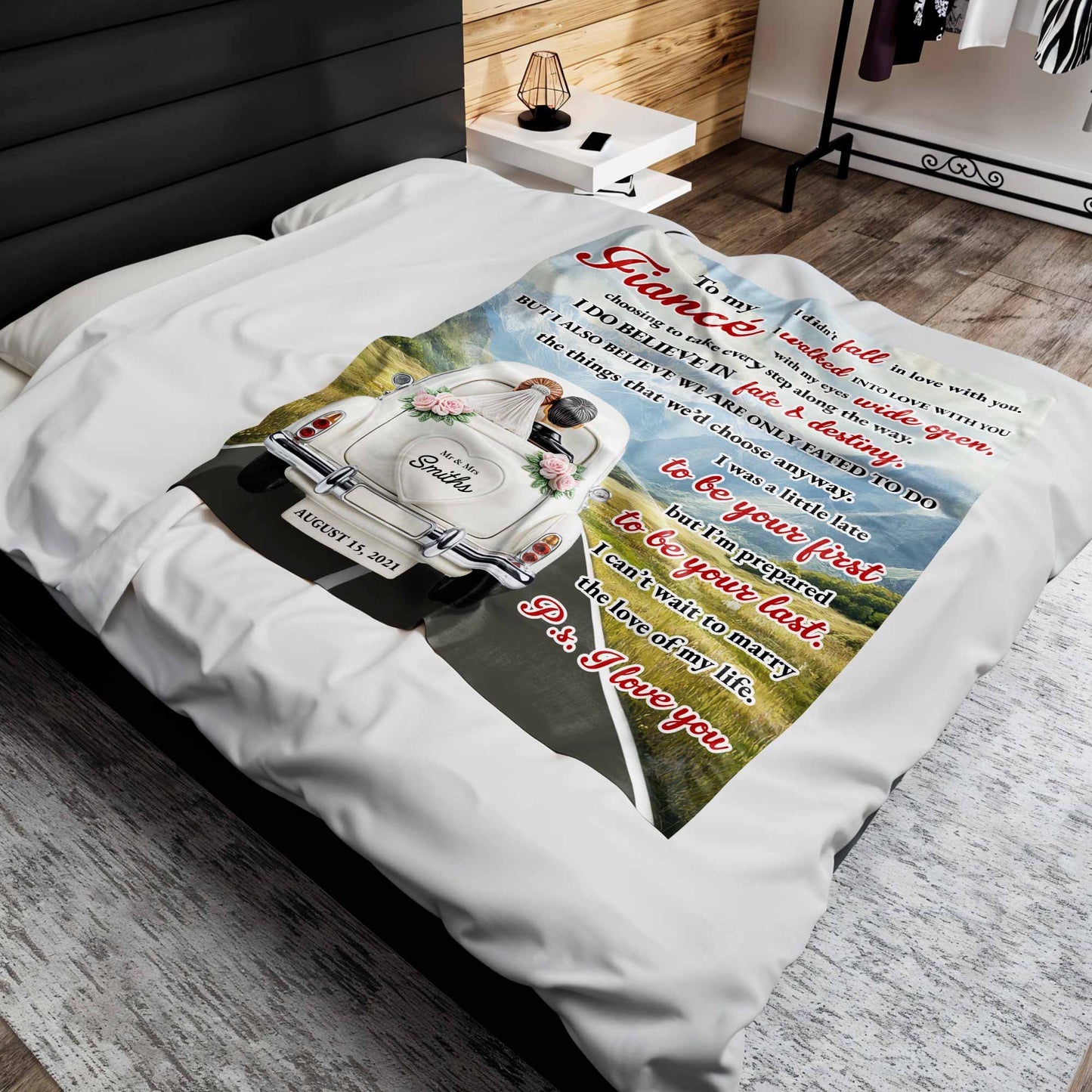 To My Fiancé With Vintage Car Design - Personalized Custom Blanket - CPL374_BLK