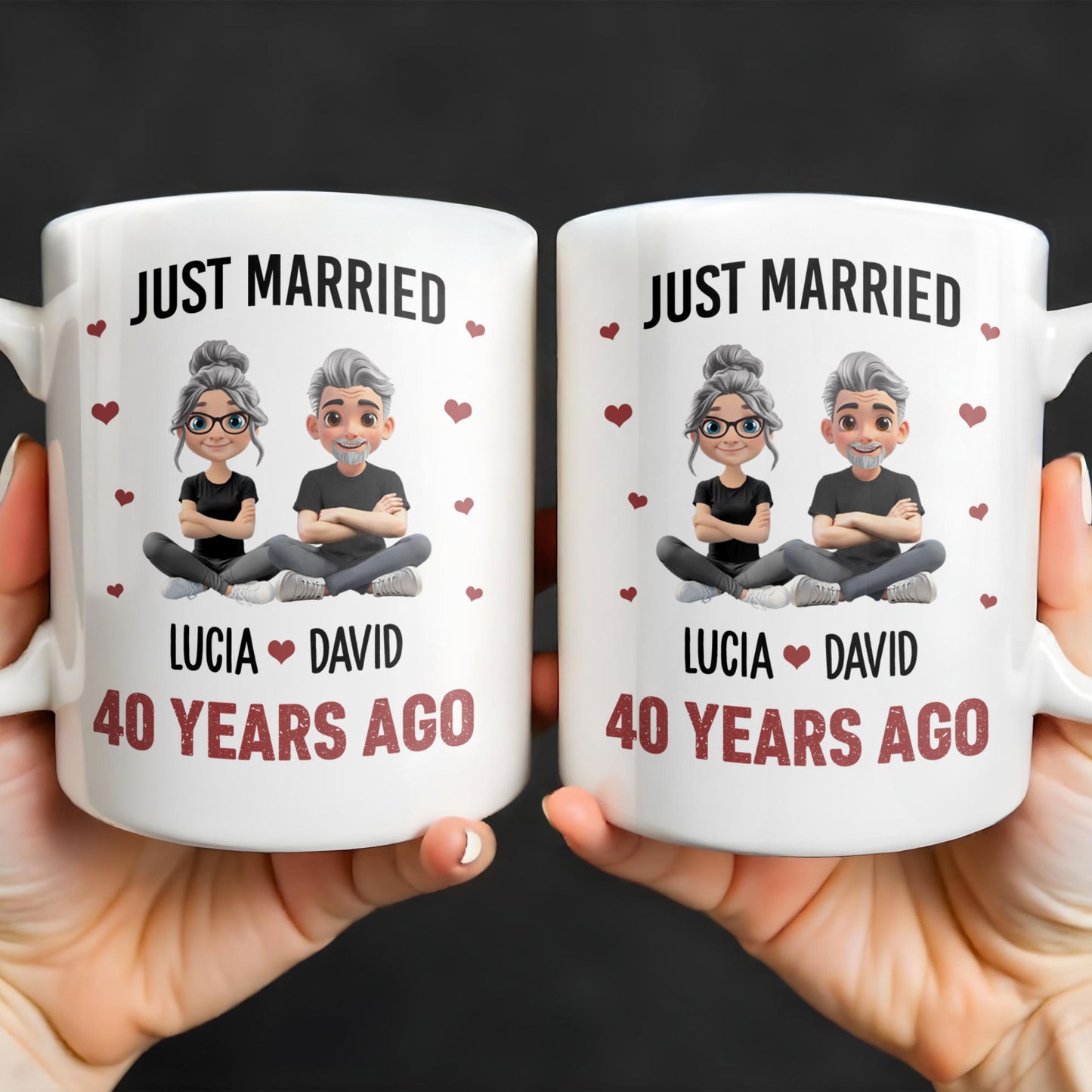 Just Married Cartoon Couple With Hearts