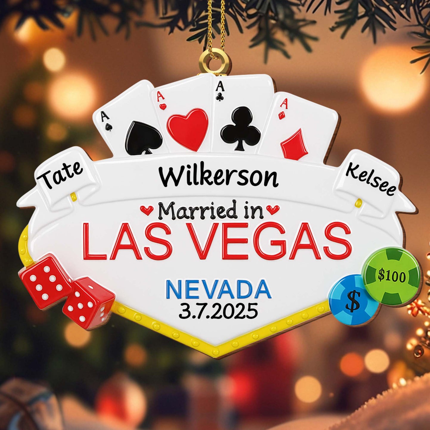 Married in Las Vegas With Playing Cards, Dice, and Poker Chips - Personalized Custom Wood Ornament, Custom Shaped - CPL464_WDO