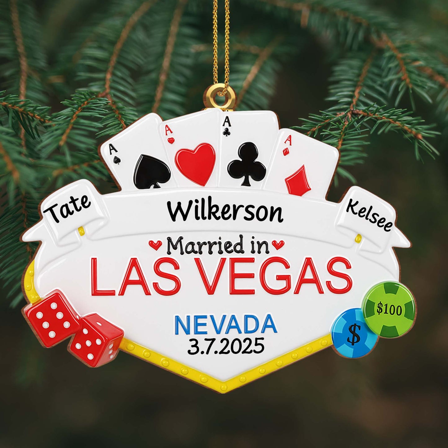Married in Las Vegas With Playing Cards, Dice, and Poker Chips - Personalized Custom Wood Ornament, Custom Shaped - CPL464_WDO