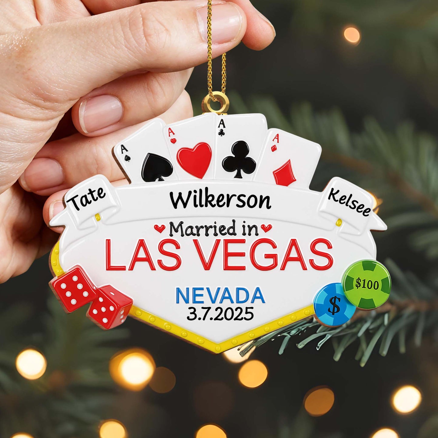 Married in Las Vegas With Playing Cards, Dice, and Poker Chips - Personalized Custom Wood Ornament, Custom Shaped - CPL464_WDO