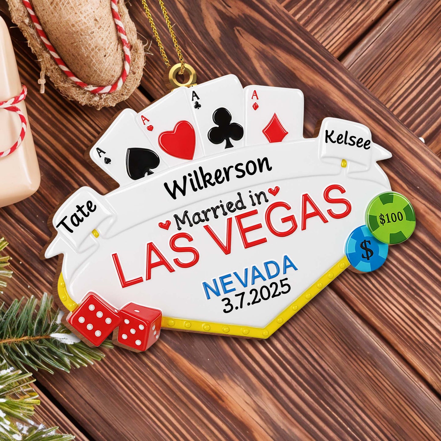 Married in Las Vegas With Playing Cards, Dice, and Poker Chips - Personalized Custom Wood Ornament, Custom Shaped - CPL464_WDO
