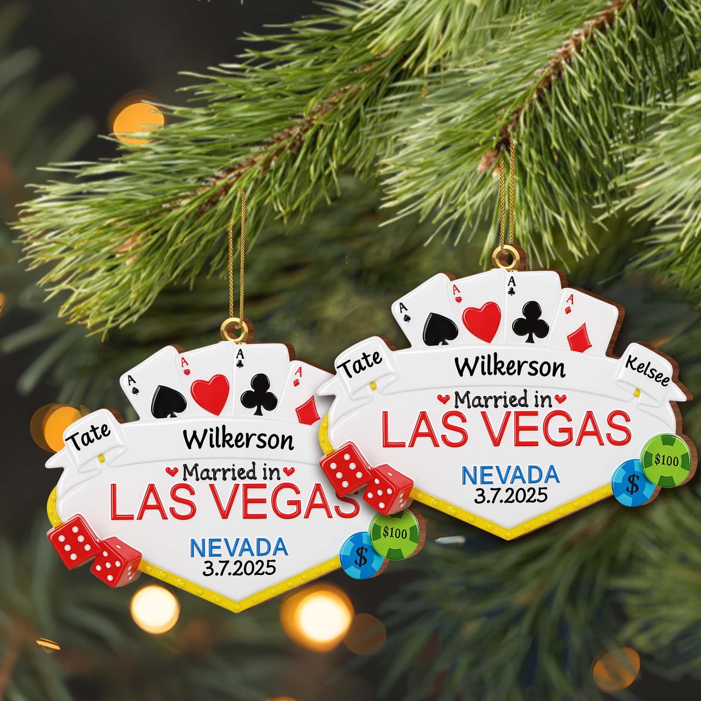 Married in Las Vegas With Playing Cards, Dice, and Poker Chips - Personalized Custom Wood Ornament, Custom Shaped - CPL464_WDO