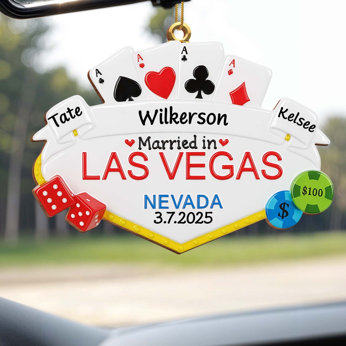 Married in Las Vegas With Playing Cards, Dice, and Poker Chips - Personalized Custom Wood Ornament, Custom Shaped - CPL464_WDO
