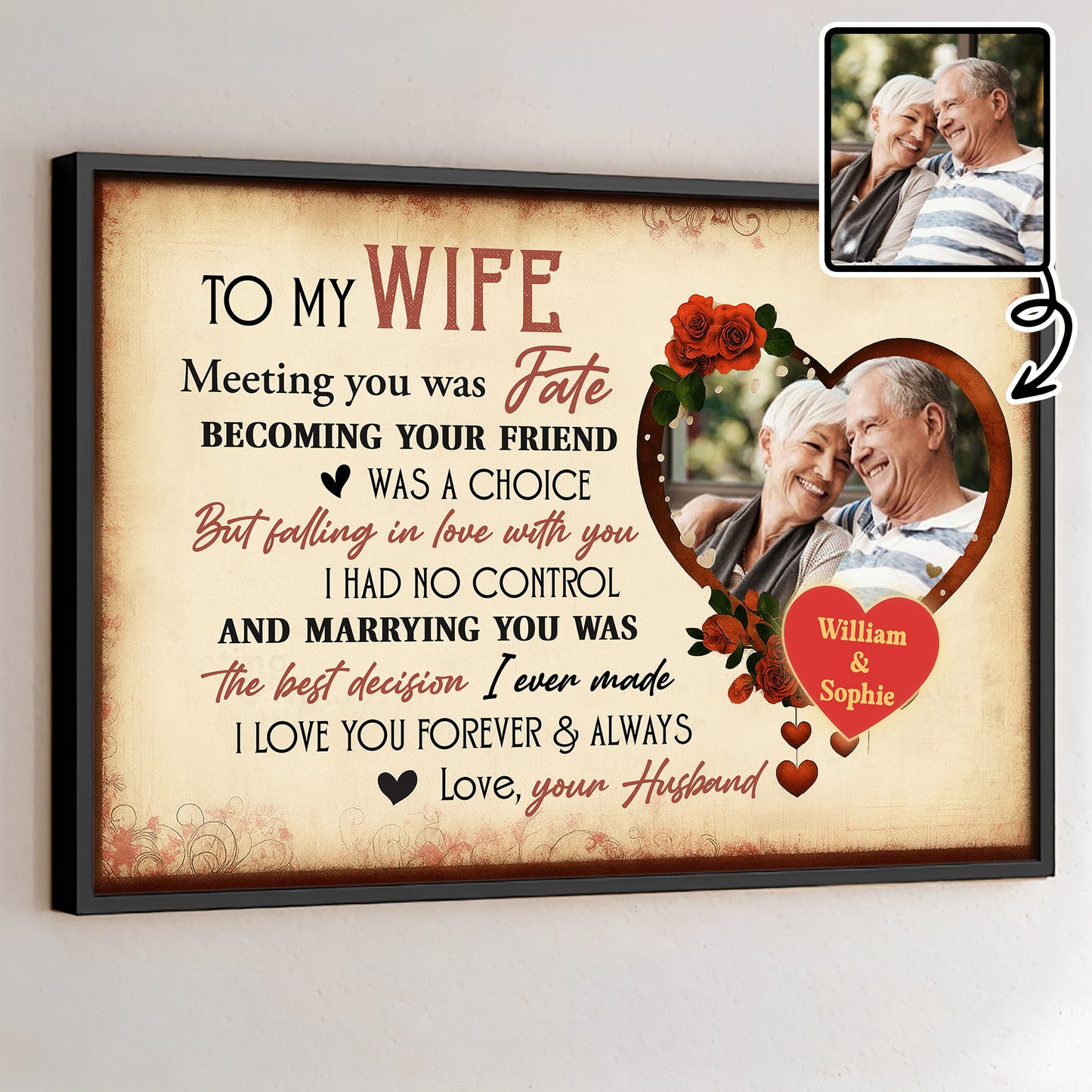 To My Husband, Meeting You Was Fate, With Roses And Heart - Personalized Custom Horizontal Poster - CPL474_HPOS