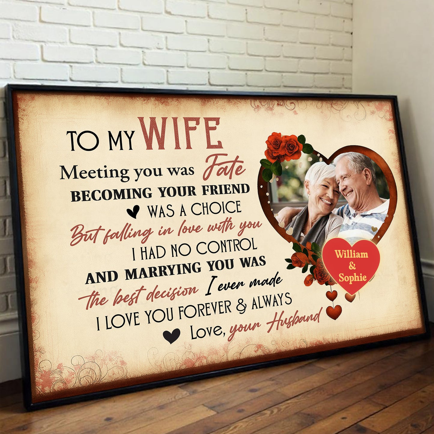 To My Husband, Meeting You Was Fate, With Roses And Heart - Personalized Custom Horizontal Poster - CPL474_HPOS