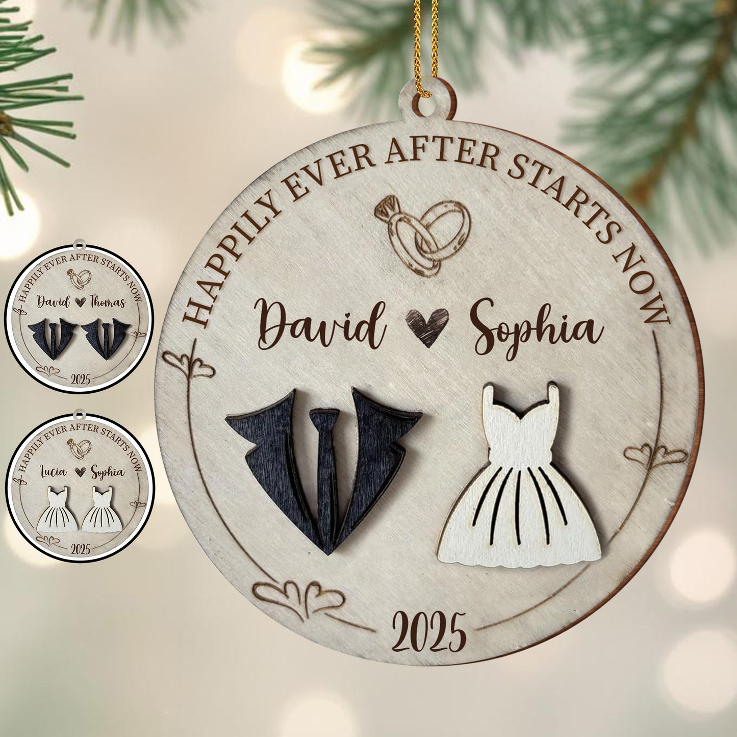 The Year We Became Us, Heart, Wedding Dress And Suit - Personalized Custom Wood Ornament, Custom Shaped - CPL490_WDO