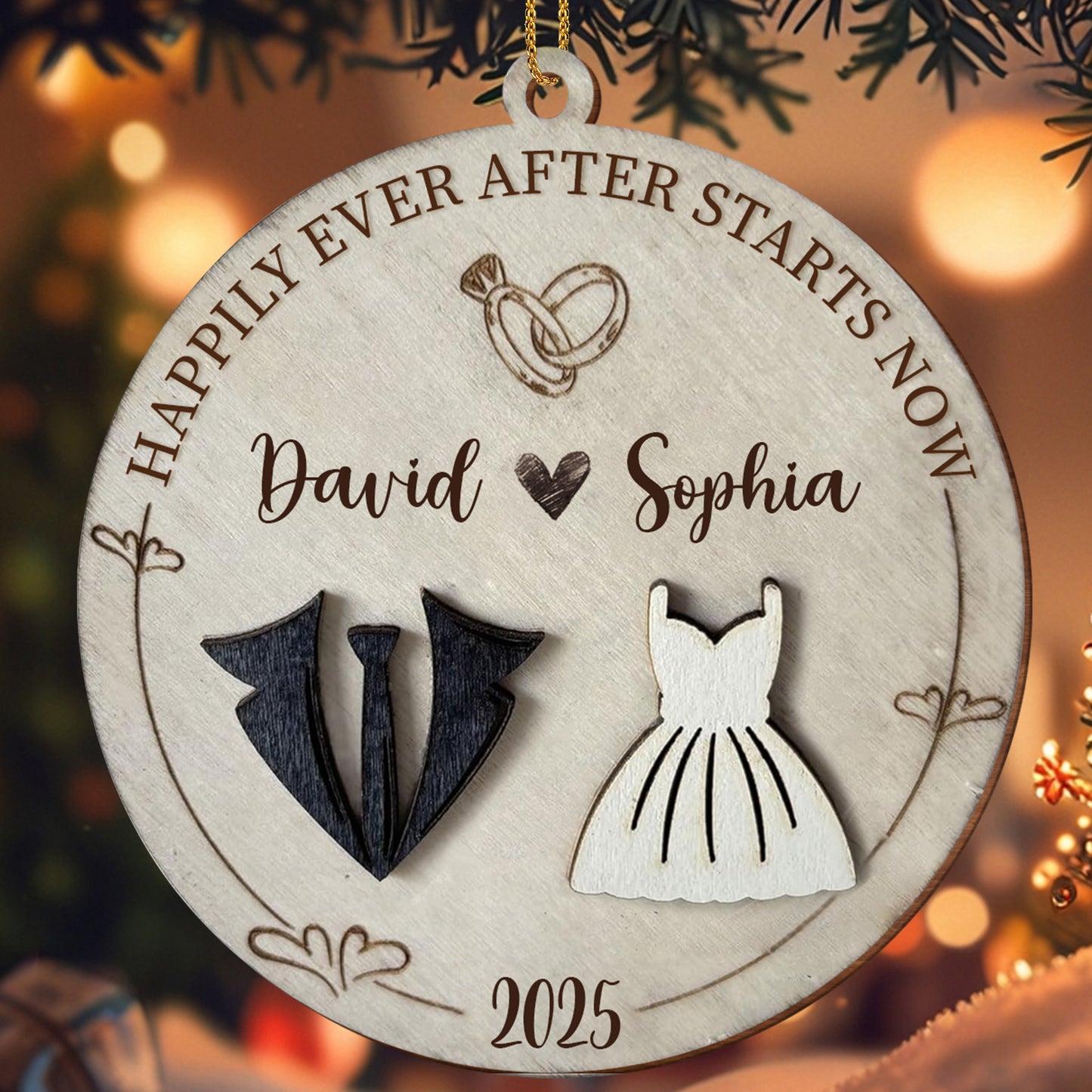 The Year We Became Us, Heart, Wedding Dress And Suit - Personalized Custom Wood Ornament, Custom Shaped - CPL490_WDO