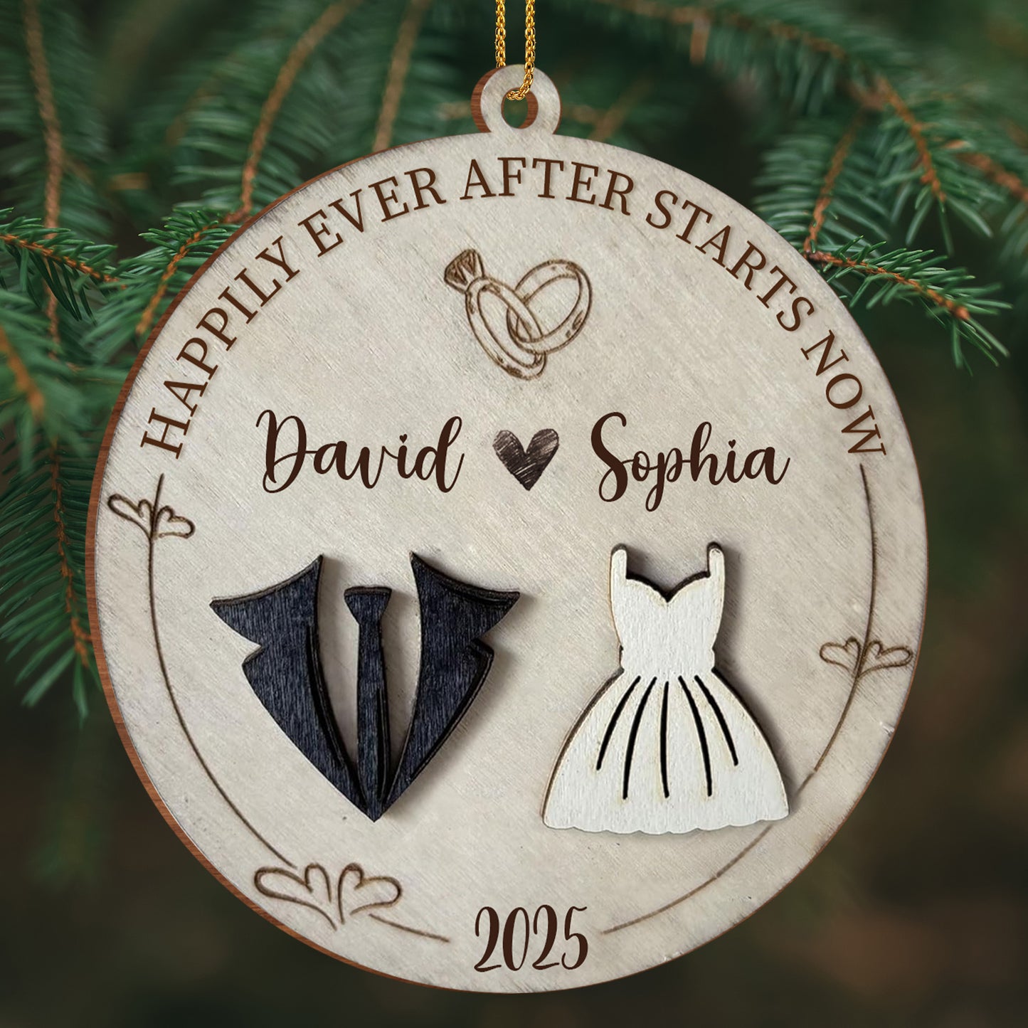 The Year We Became Us, Heart, Wedding Dress And Suit - Personalized Custom Wood Ornament, Custom Shaped - CPL490_WDO