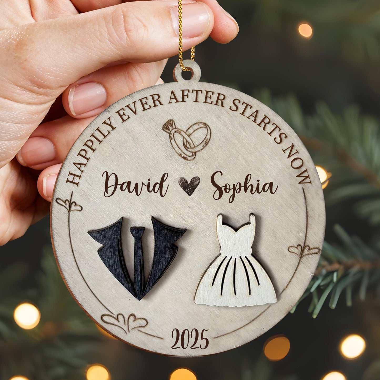 The Year We Became Us, Heart, Wedding Dress And Suit - Personalized Custom Wood Ornament, Custom Shaped - CPL490_WDO