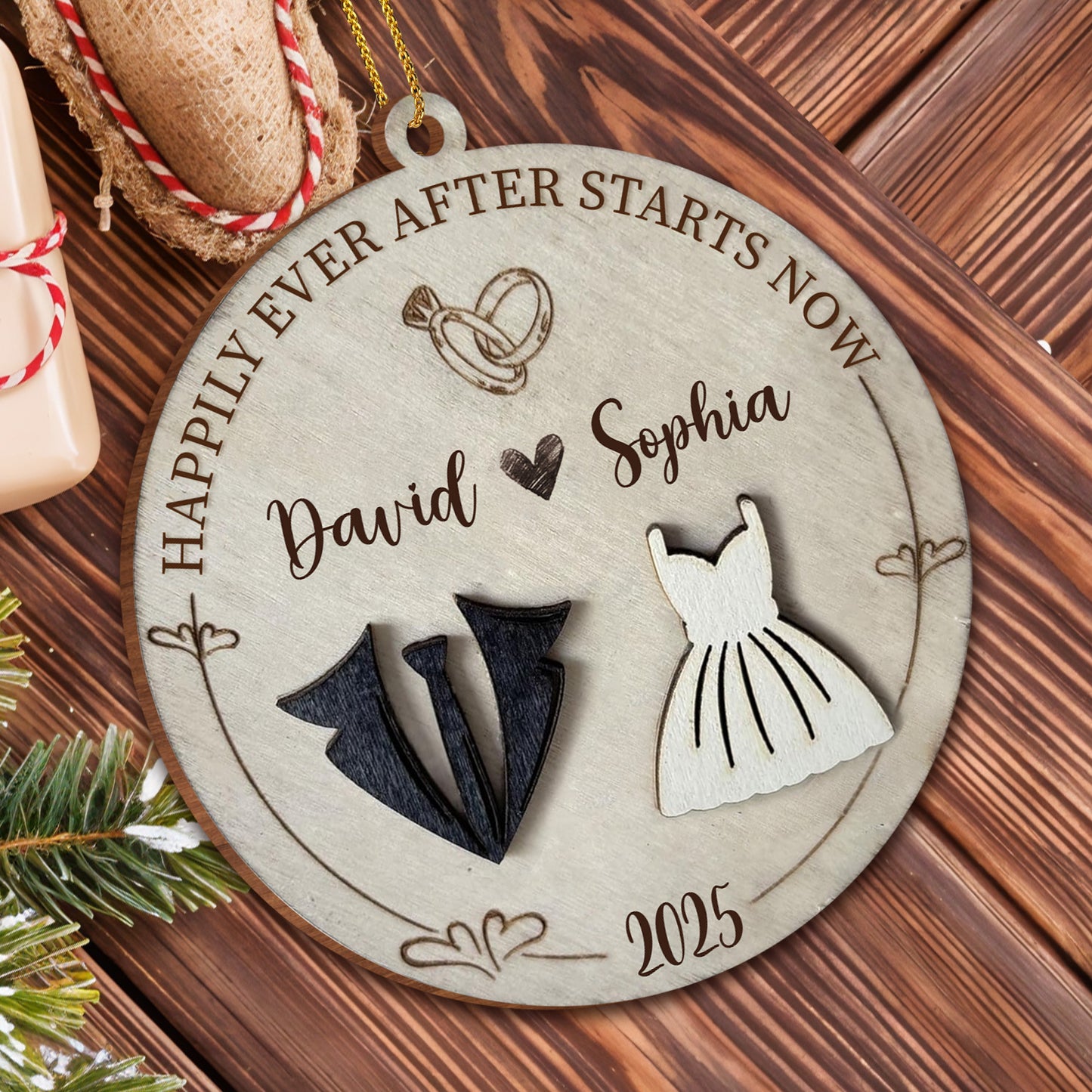 The Year We Became Us, Heart, Wedding Dress And Suit - Personalized Custom Wood Ornament, Custom Shaped - CPL490_WDO
