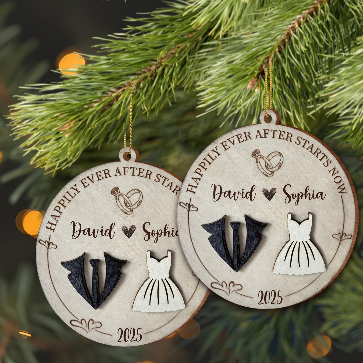 The Year We Became Us, Heart, Wedding Dress And Suit - Personalized Custom Wood Ornament, Custom Shaped - CPL490_WDO
