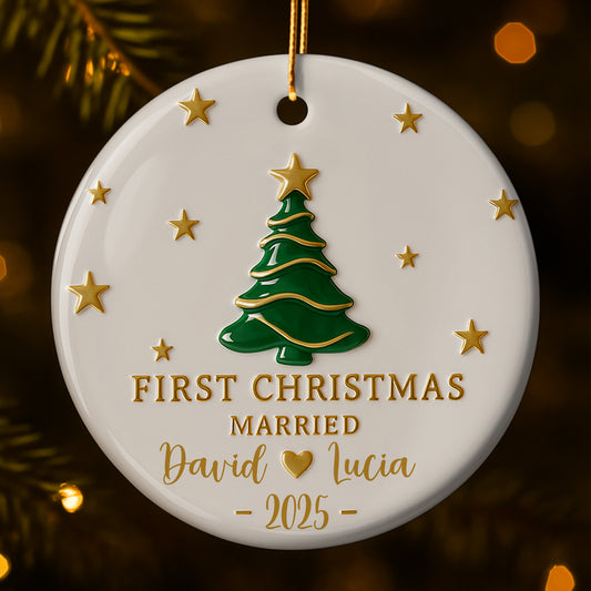 First Christmas Married With Christmas Tree And Stars - Personalized Custom Ceramic Ornament With Round Shape - CPL492_RCE