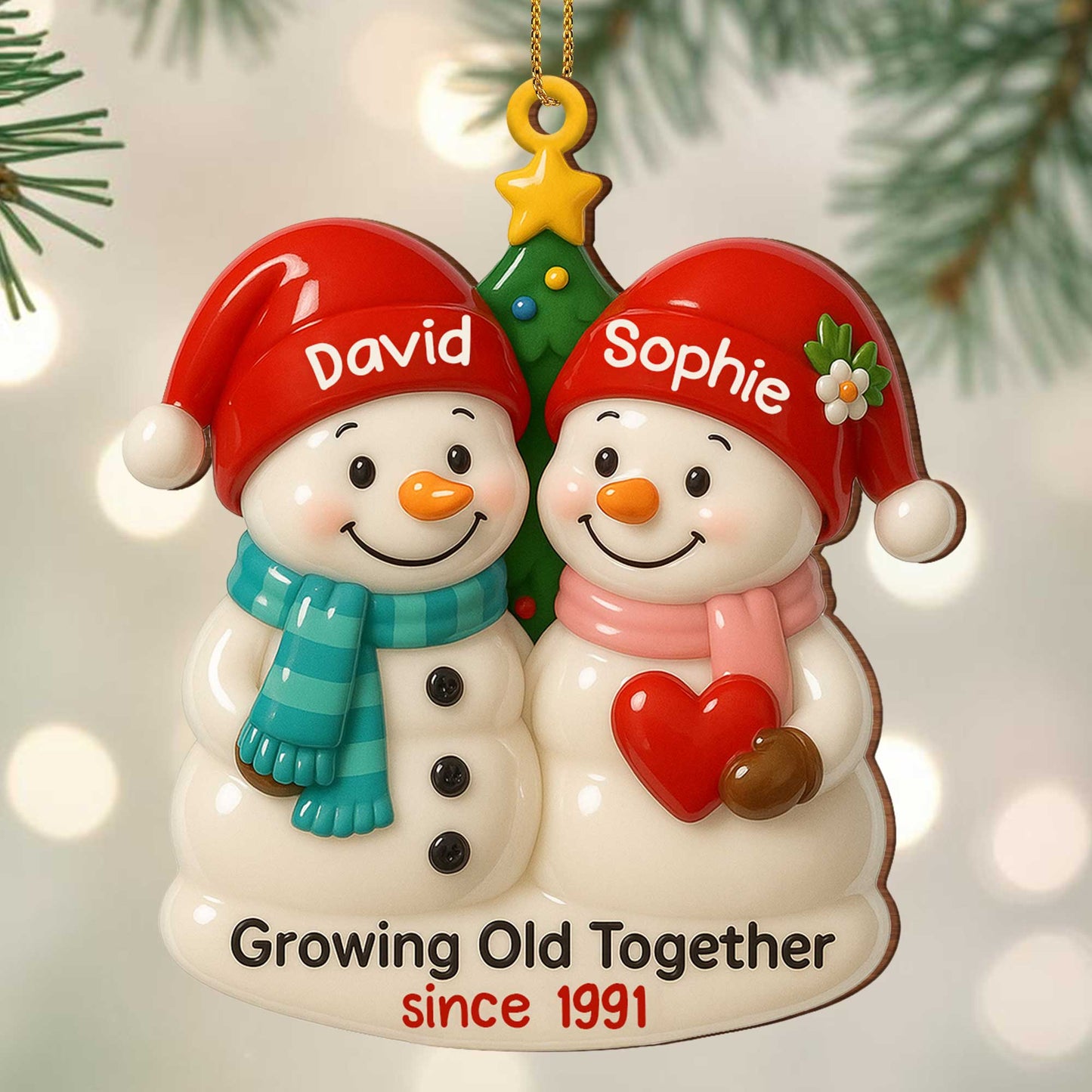 Growing Old Together, Snowmen With Christmas Hats - Personalized Custom Wood Ornament, Custom Shaped - CPL498_WDO