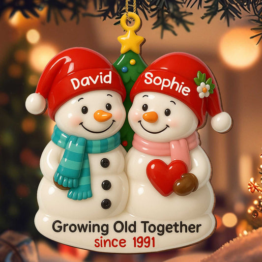 Growing Old Together, Snowmen With Christmas Hats - Personalized Custom Wood Ornament, Custom Shaped - CPL498_WDO