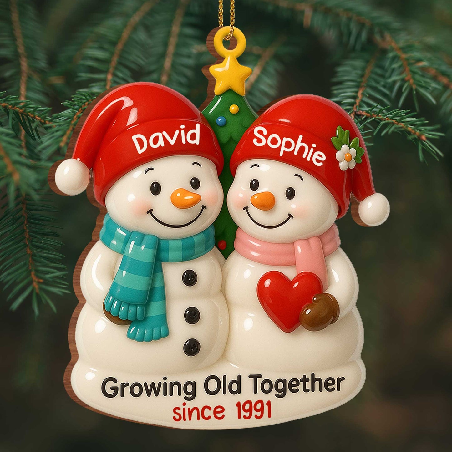 Growing Old Together, Snowmen With Christmas Hats - Personalized Custom Wood Ornament, Custom Shaped - CPL498_WDO