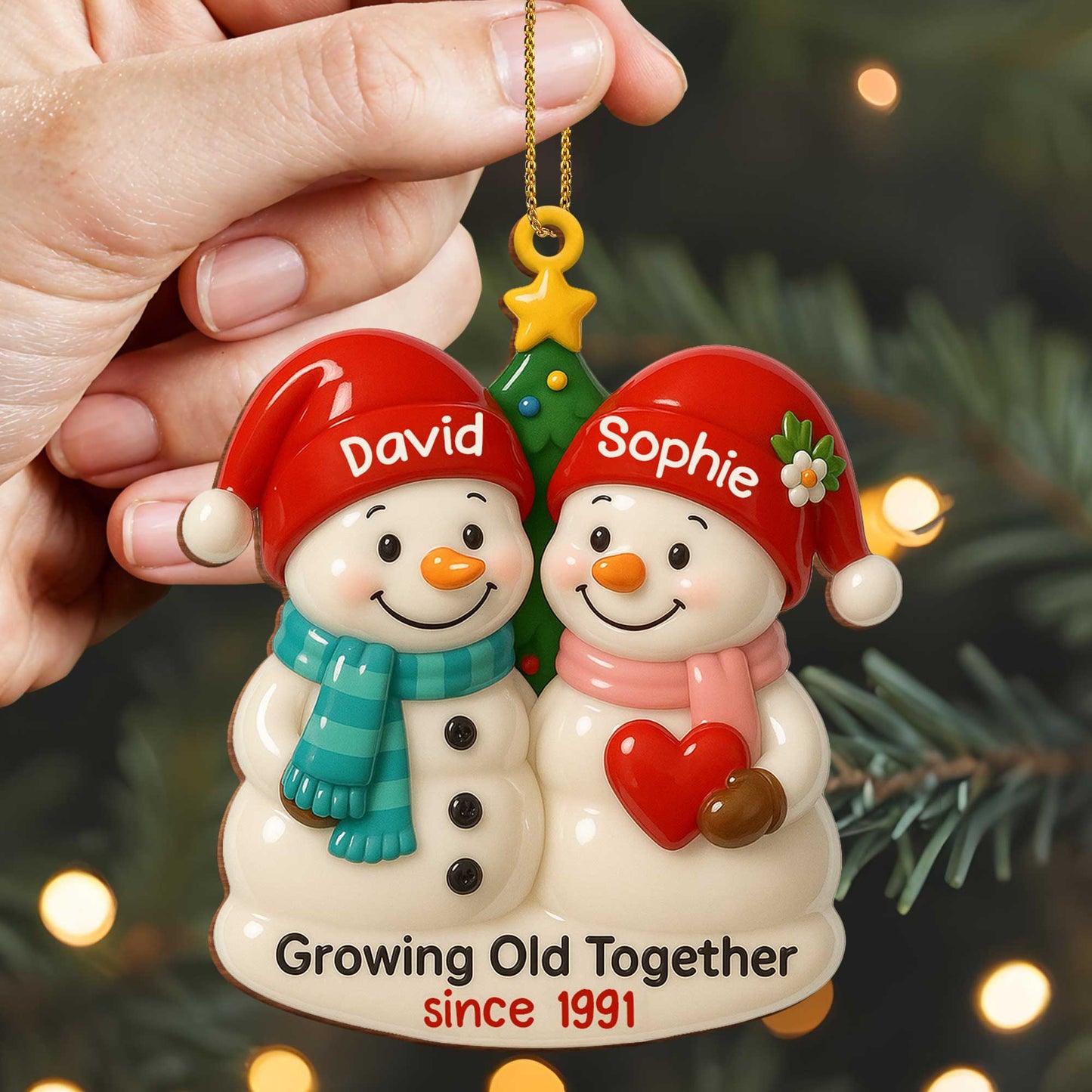 Growing Old Together, Snowmen With Christmas Hats - Personalized Custom Wood Ornament, Custom Shaped - CPL498_WDO