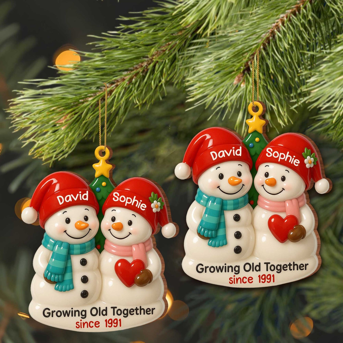 Growing Old Together, Snowmen With Christmas Hats - Personalized Custom Wood Ornament, Custom Shaped - CPL498_WDO