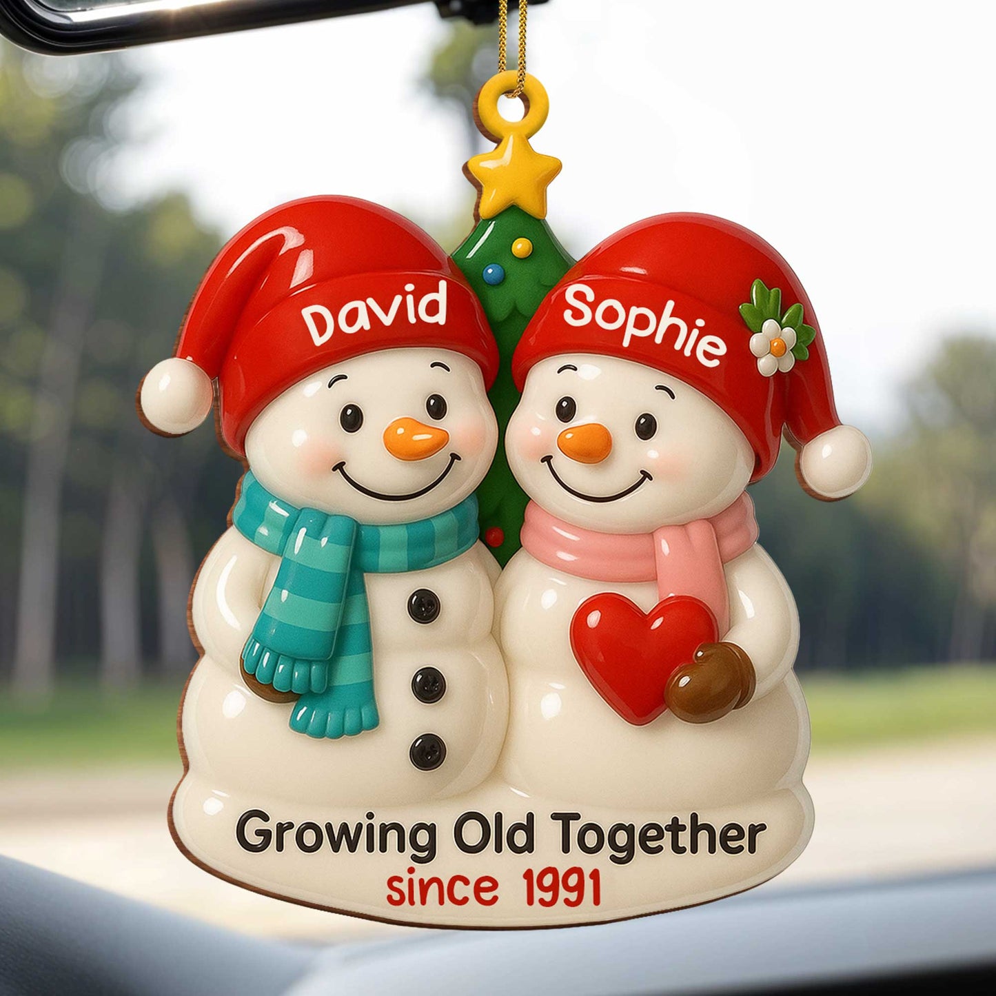 Growing Old Together, Snowmen With Christmas Hats - Personalized Custom Wood Ornament, Custom Shaped - CPL498_WDO