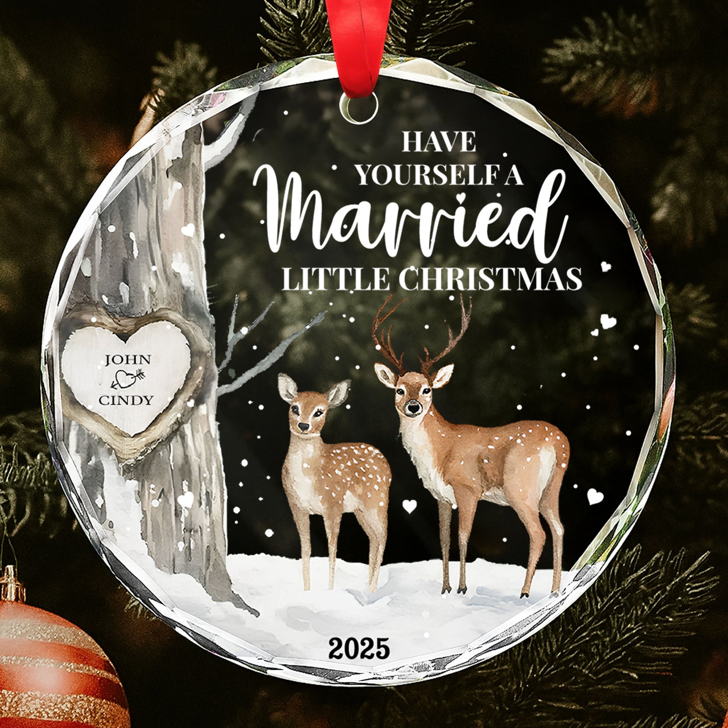 Have Yourself A Married Little Christmas with Deer and Heart Design - Personalized Custom Circle Glass Ornament - CPL508_CGOR